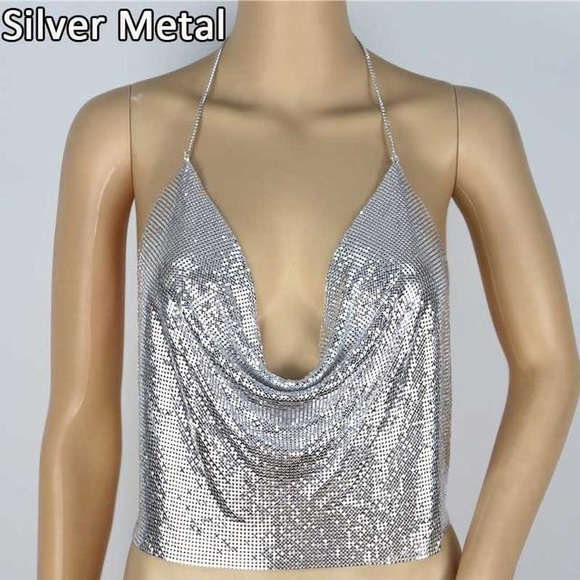 SOLD Silver Mesh Chain halter Baddie Top - Picture 2 of 3